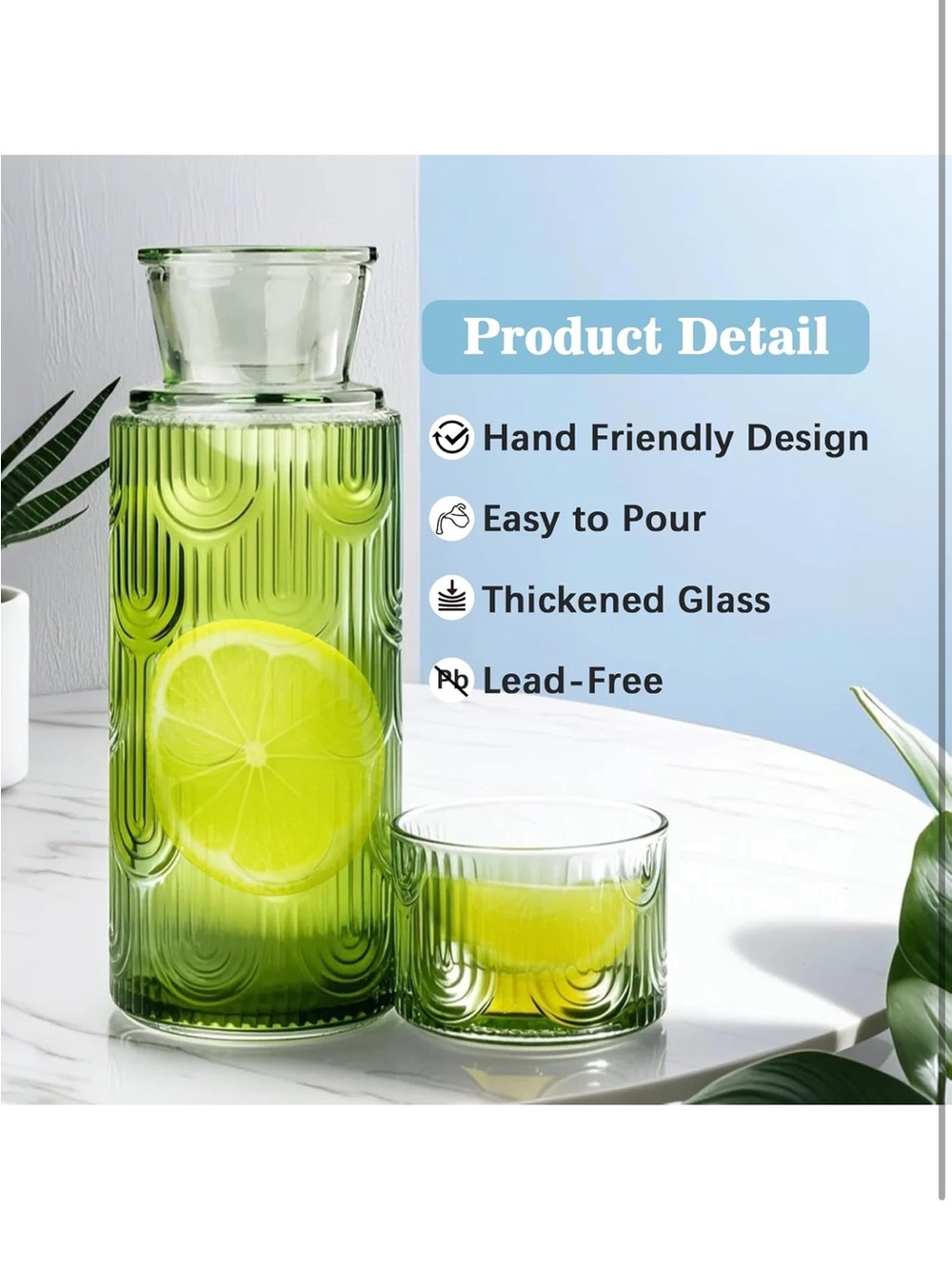 Bedside Water Carafe and Glass Set, 21.6 Oz Glass Carafe with 6 Oz Cup - Picture 3 of 6